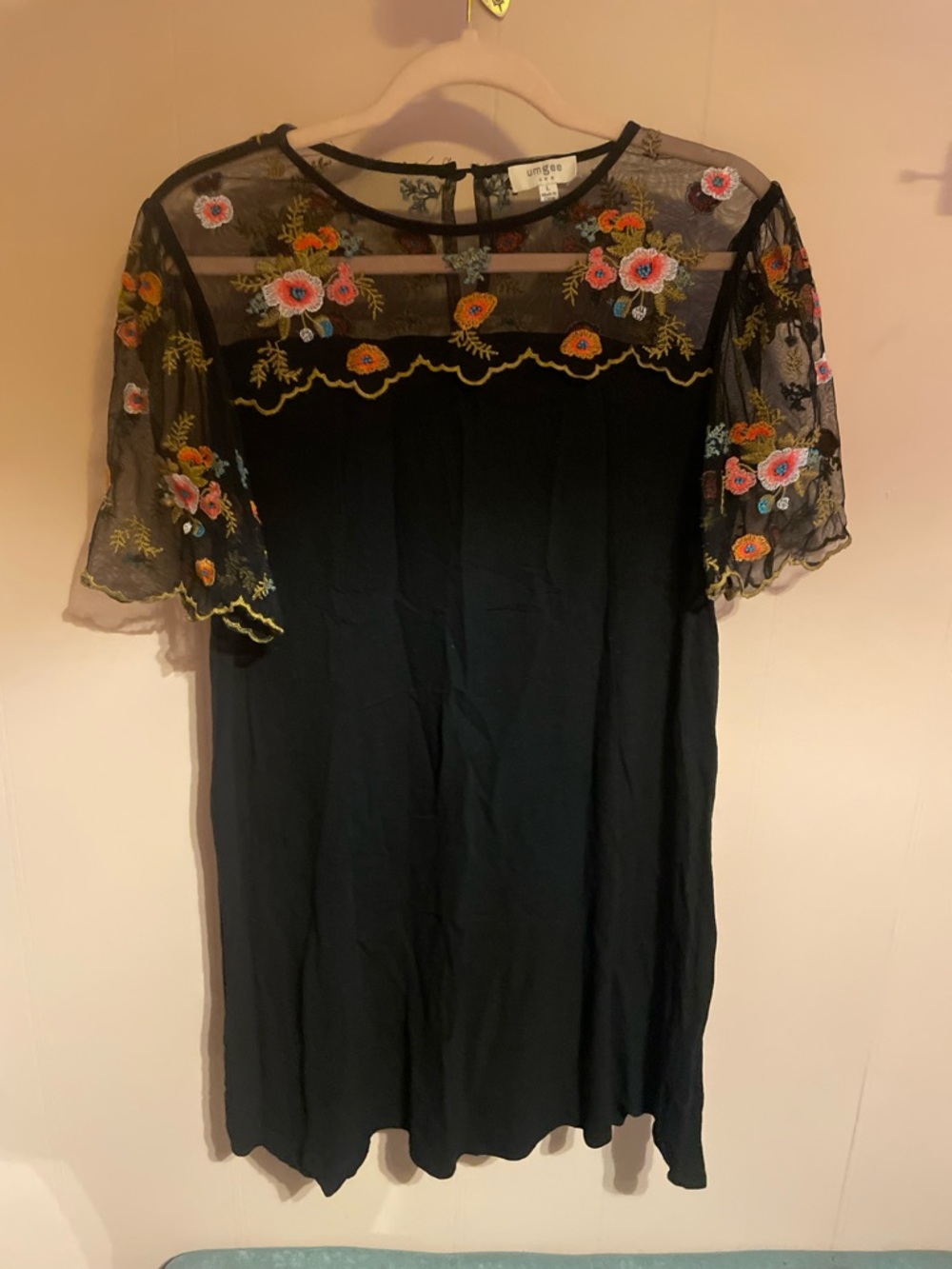 Umgee Black Mini Dress with Multicolor Floral Embroidery